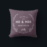 Mr and Mrs new home Throw Pillow<br><div class="desc">Mr and Mrs new home or newly wed cushion. Hand drawn floral and little house details. Background colour can be altered.</div>