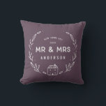 Mr and Mrs new home Throw Pillow<br><div class="desc">Mr and Mrs new home or newly wed cushion. Hand drawn floral and little house details. Background colour can be altered.</div>