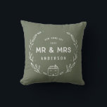 Mr and Mrs new home Throw Pillow<br><div class="desc">Mr and Mrs new home or newly wed cushion. Hand drawn floral and little house details. Background colour can be altered.</div>