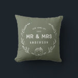 Mr and Mrs new home Throw Pillow<br><div class="desc">Mr and Mrs new home or newly wed cushion. Hand drawn floral and little house details. Background colour can be altered.</div>
