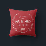 Mr and Mrs new home Throw Pillow<br><div class="desc">Mr and Mrs new home or newly wed cushion. Hand drawn floral and little house details. Background colour can be altered.</div>