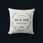 Mr and Mrs new home Throw Pillow<br><div class="desc">Mr and Mrs new home or newly wed cushion. Hand drawn floral and little house details. Background colour can be altered.</div>