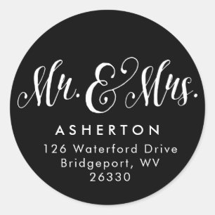 Mr. and Mrs. newlywed black return address Classic Round Sticker