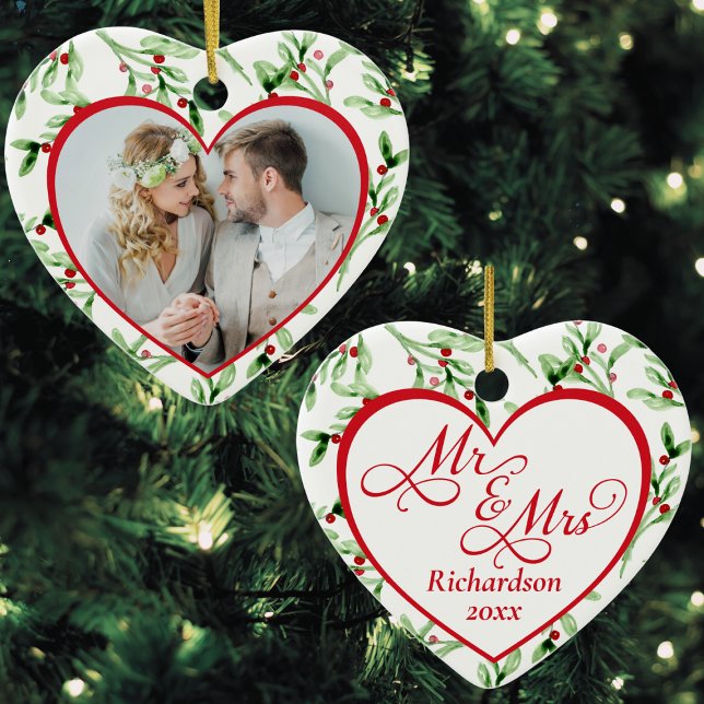 Mr and Mrs Newlywed Christmas Ceramic Ornament (Christmas ornament for just married newlywed couples, mr and mrs, photo, script calligraphy, heart)