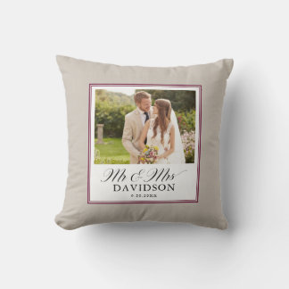 Mr and Mrs Newlywed Elegant Script Photo Throw Pillow