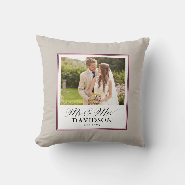 Mr and Mrs Newlywed Elegant Script Photo  Throw Pillow (Front)