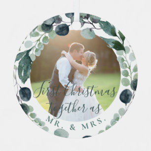 Mr and Mrs newlywed first Christmas wedding photo  Metal Ornament