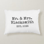 Mr and Mrs newlywed simple typewriter typography Accent Pillow<br><div class="desc">Custom Mr and Mrs newlywed simple typewriter typography Accent Pillow. Minimalist black and white template design. Simply add couple's surname and date of marriage. Trendy wedding presents for just married husband and wife / bride and groom. Also available for outdoor areas. Stylish home decor presents with personalized name.</div>