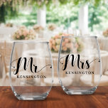 Mr and Mrs Newlywed Typography Wedding Stemless Wine Glass<br><div class="desc">Personalized Modern Mrs Newlywed Typography Wedding Wine Glass set. This fun SET of stemless wine glasses is a great gift for the bride and groom! Customize these glasses to make them perfect for your wedding reception and toasts! Please contact us at cedarandstring@gmail.com if you need assistance with the design or...</div>