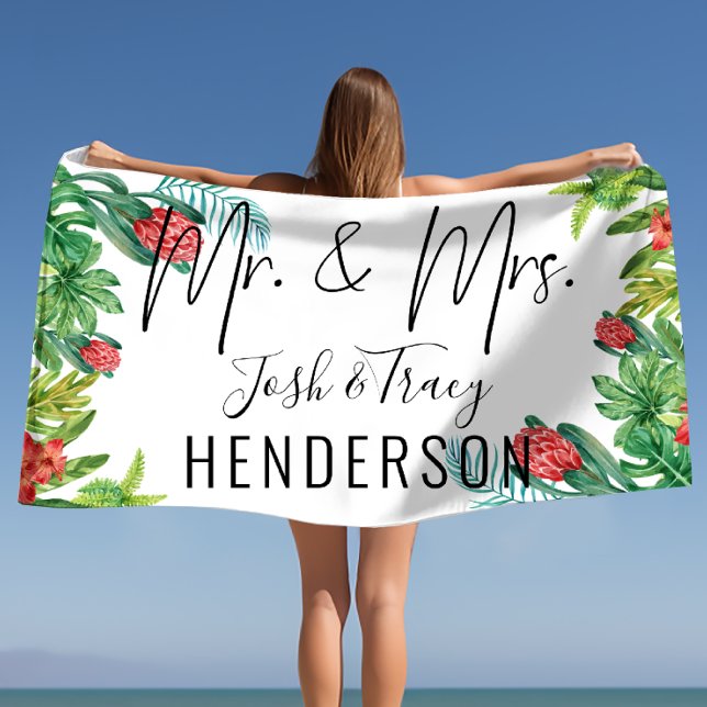 Mr and Mrs Newlyweds or Anniversary Gift Tropical  Beach Towel (Mr and Mrs Newlyweds or Anniversary Gift Tropical Beach Towel)