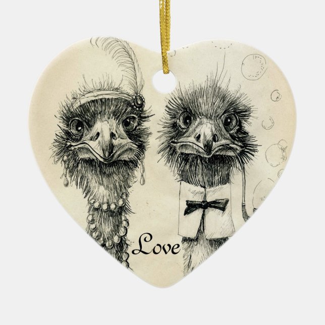 Mr. and Mrs. Ostrich Ceramic Ornament (Front)