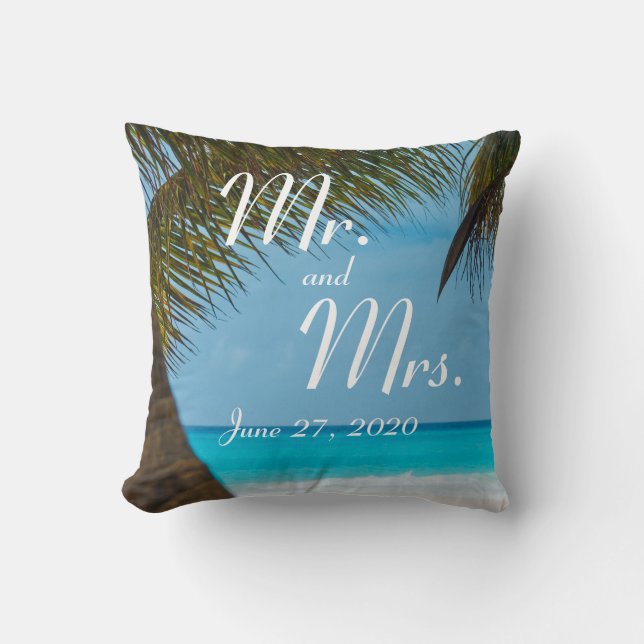 Mr. and Mrs. Palm Trees On Beach Wedding Pillows (Front)