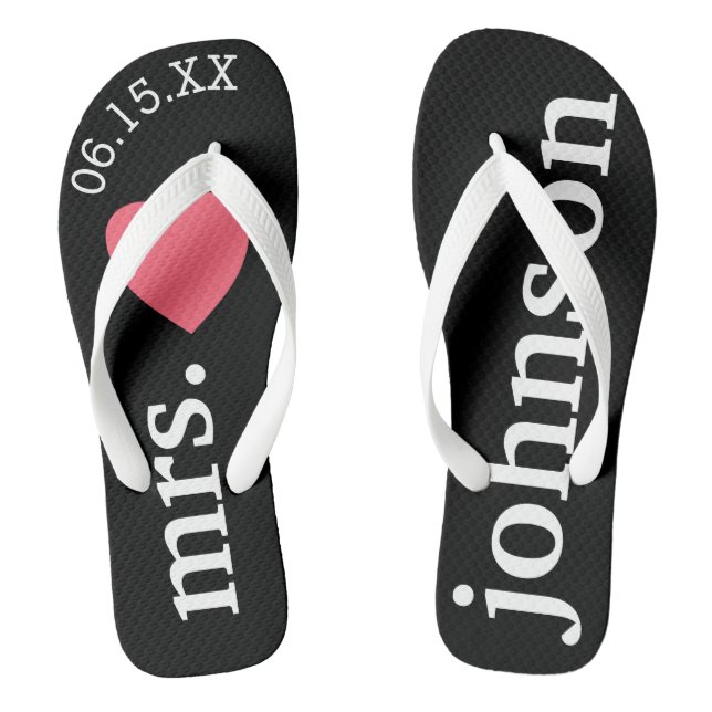 Mr. and Mrs. Personalized Honeymoon with Heart Flip Flops (Footbed)