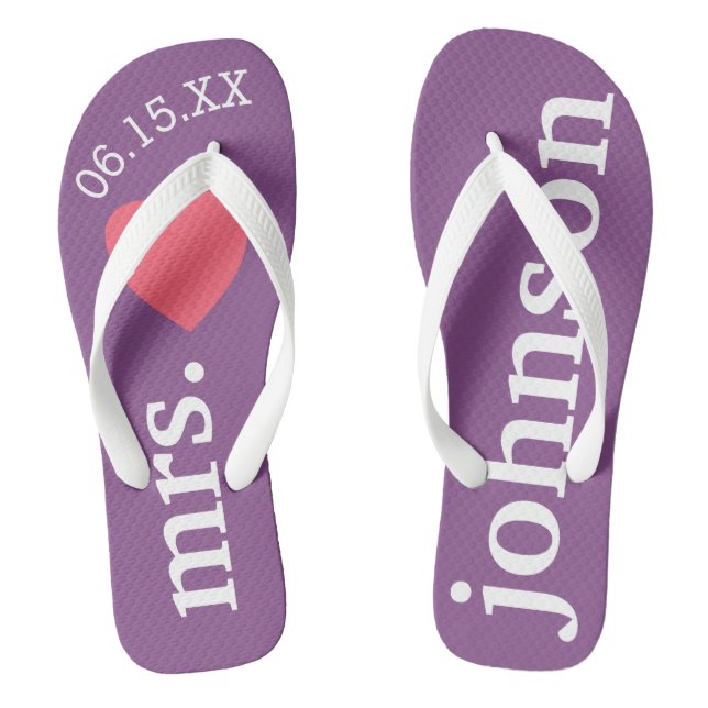 Mr. and Mrs. Personalized Honeymoon with Heart Flip Flops (Footbed)