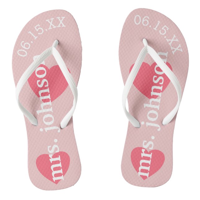 Mr. and Mrs. Personalized Honeymoon with Heart Flip Flops (Footbed)