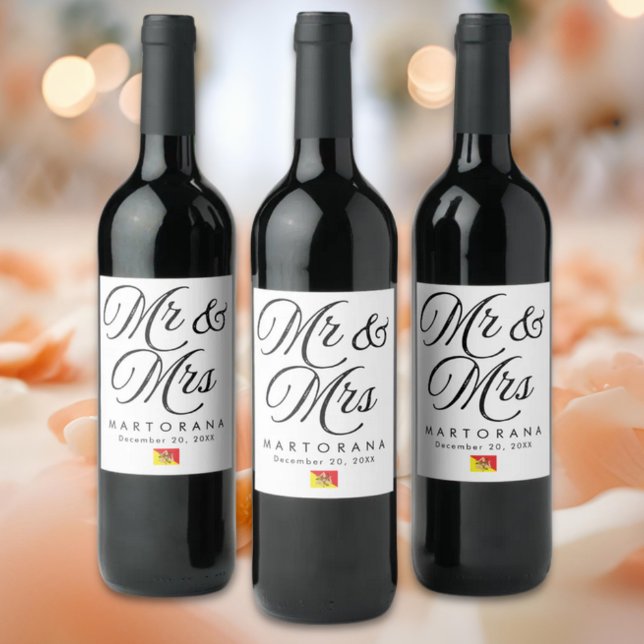 Mr and Mrs Personalized Sicilian Wedding Wine Label (Mr & Mrs Elegant Personalized Sicilian Wedding Wine Labels with Flag of Sicily accent)