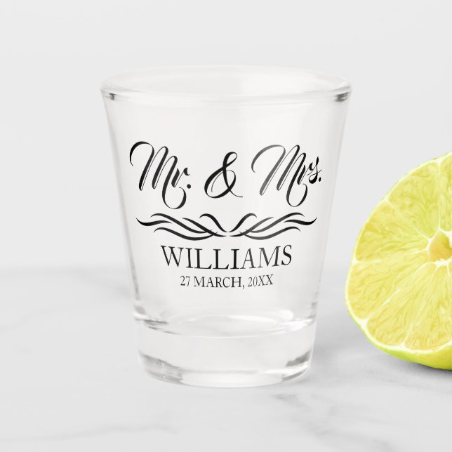 Mr and Mrs Personalized Surname Wedding Favour Sho Shot Glass (Front)