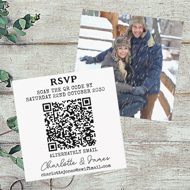 Mr And Mrs Photo Elegant Script QR Code RSVP Enclosure Card (Front And Back)