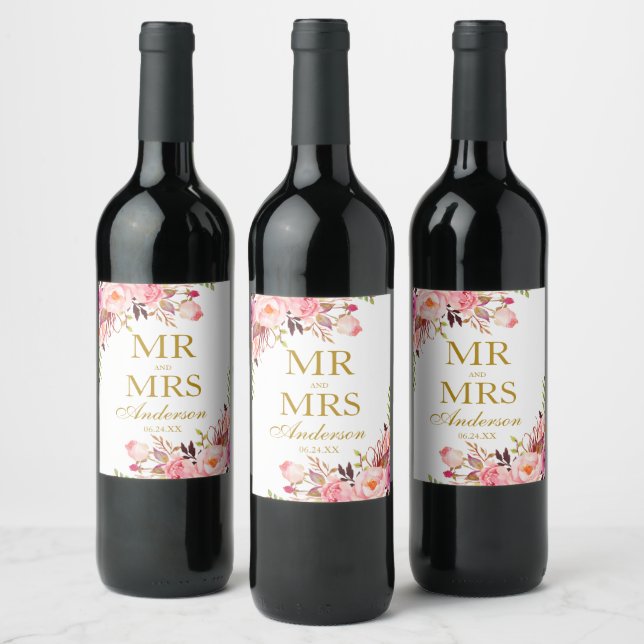 Mr. and Mrs. Pink Floral Gold Wedding Wine Label (Bottles)