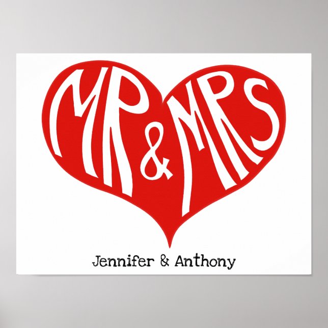 Mr and Mrs Red and White Heart Shape Wedding Poster (Front)