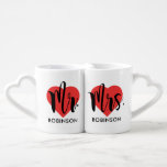 Mr and Mrs Red Heart Custom Wedding Monogram Coffee Mug Set<br><div class="desc">Personalized monogram coffee mugs make a unique wedding gift for the new Mr and Mrs! This elegant design features black calligraphy script writing,  a red heart accent,  and custom text that can be personalized with the newlywed couple's married last name and wedding date.</div>