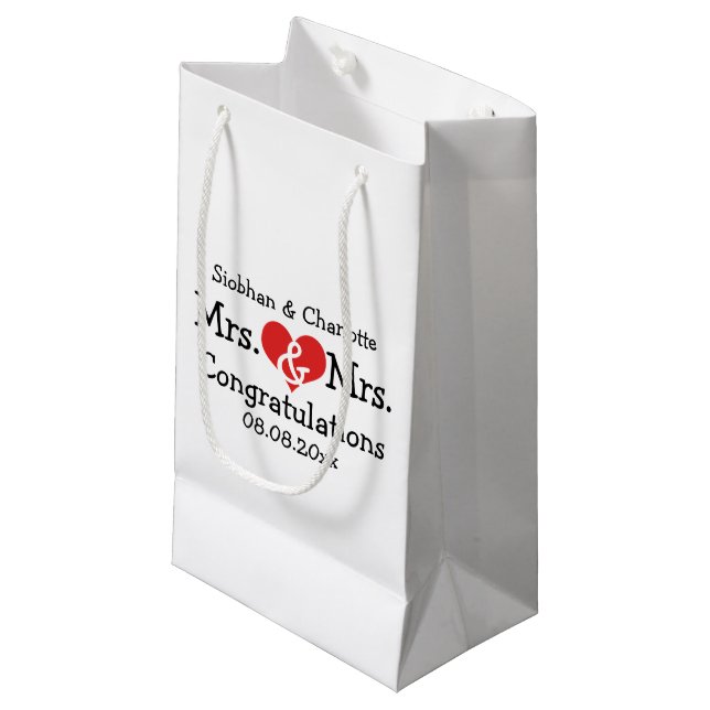Mr and Mrs Red Heart Wedding Personalized Small Gift Bag (Front Angled)