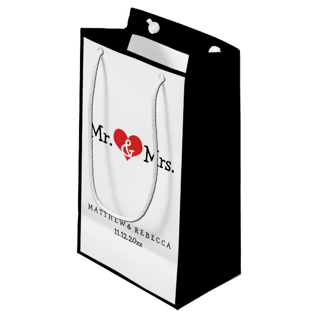 Mr and Mrs Red Heart Wedding Personalized Small Gift Bag (Front Angled)
