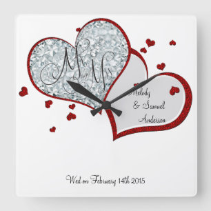 Mr and Mrs   Ruby and Diamond Hearts Square Wall Clock