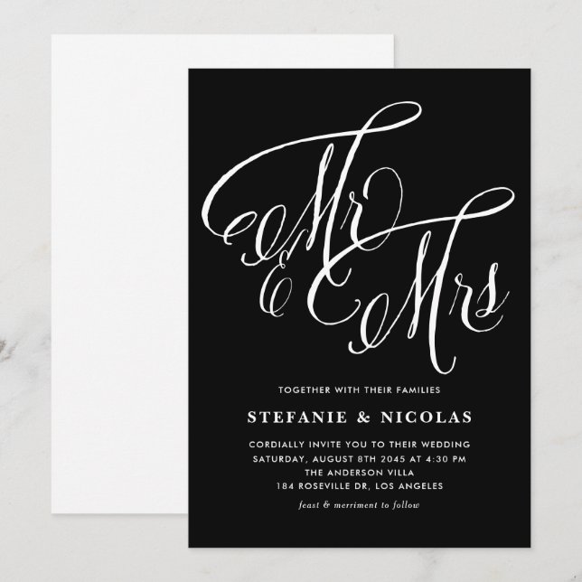 Mr. and Mrs. Rustic Calligraphy Black Wedding Invitation (Front/Back)