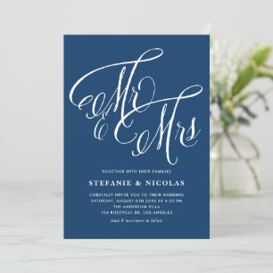 Mr. and Mrs. Rustic Calligraphy Navy Blue Wedding Invitation