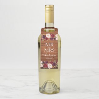Mr. and Mrs. Rustic Wood Burgundy Floral Wedding Bottle Tag
