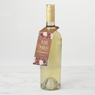 Mr. and Mrs. Rustic Wood Burgundy Floral Wedding Bottle Tag