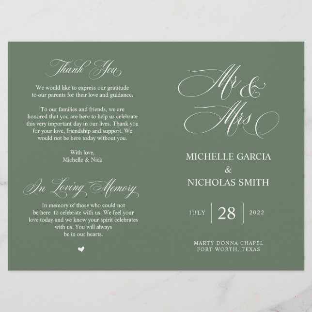 Mr and Mrs, Sage Green, Foldable Wedding Program (Front)
