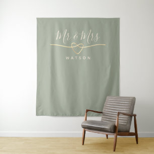 Mr and Mrs Sage Green Wedding Backdrop  Tapestry