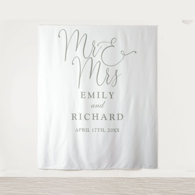 Mr And Mrs Sage Green Wedding Photo Backdrop Tapestry (Front)