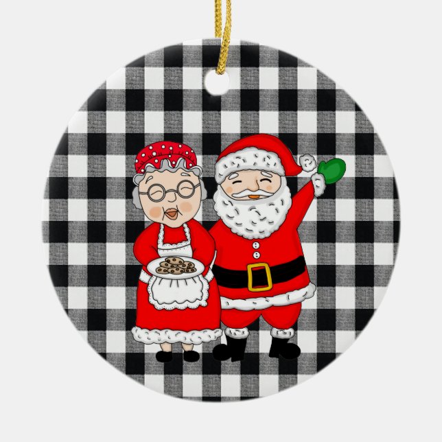 Mr and Mrs Santa Claus and Elf Buffalo Plaid Ceramic Ornament (Front)