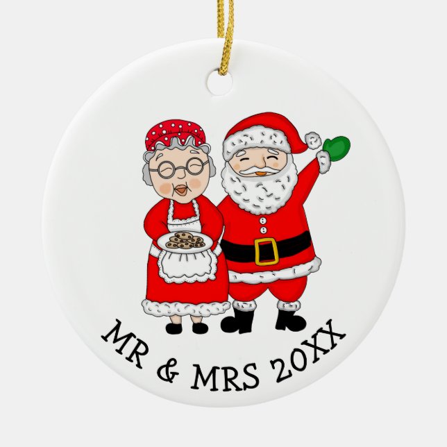 Mr and Mrs Santa Claus Personalized Christmas Ceramic Ornament (Front)