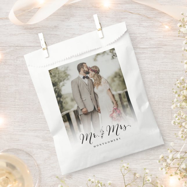 Mr and Mrs Script Calligraphy Chic Photo Wedding Favour Bag (Clipped)