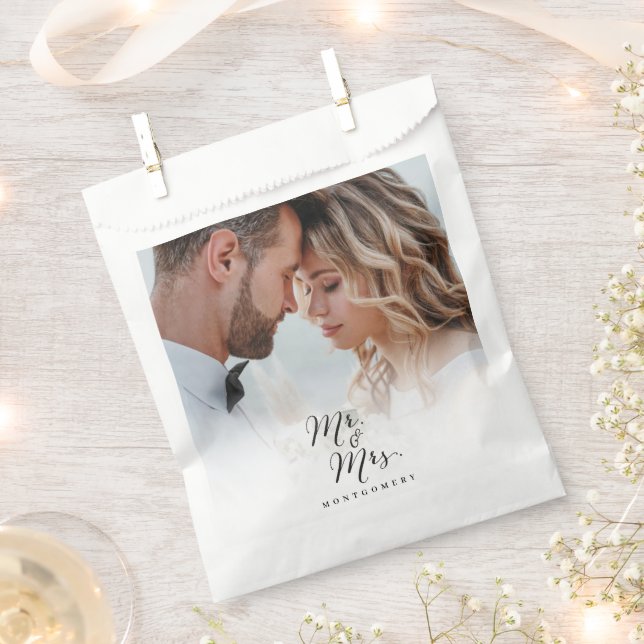 Mr and Mrs Script Calligraphy Chic Photo Wedding Favour Bag (Clipped)