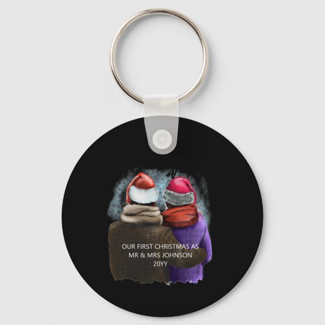 Mr And Mrs Script Couples Christmas T Shirt  Keychain (Front)