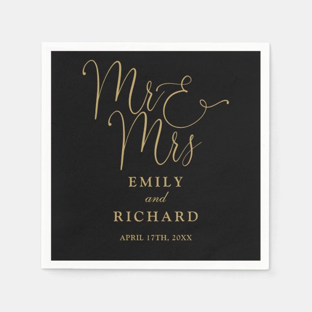 Mr And Mrs Script Elegant Black And Gold Wedding Napkin (Front)