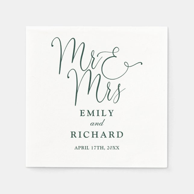 Mr And Mrs Script Elegant Emerald Green Wedding Napkin (Front)
