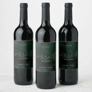 Mr and Mrs Script Emerald Green Magical Gold Wine Label