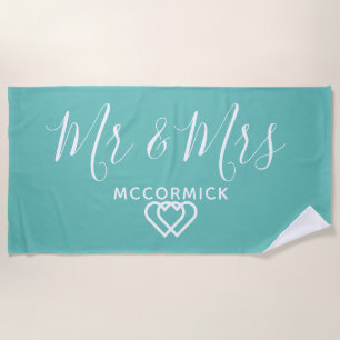 Mr And Mrs Script Monogram Name Teal White Hearts Beach Towel