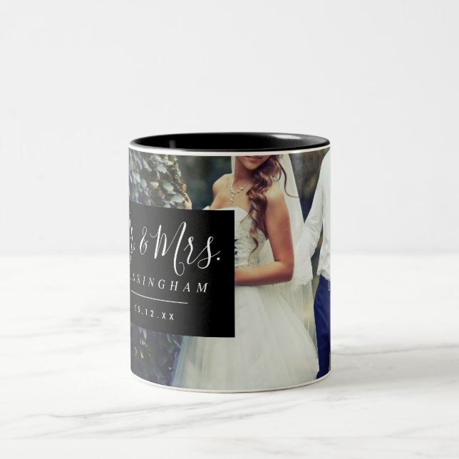 Mr. and Mrs. Script Monogram Wedding Photo Two-Tone Coffee Mug (Center)
