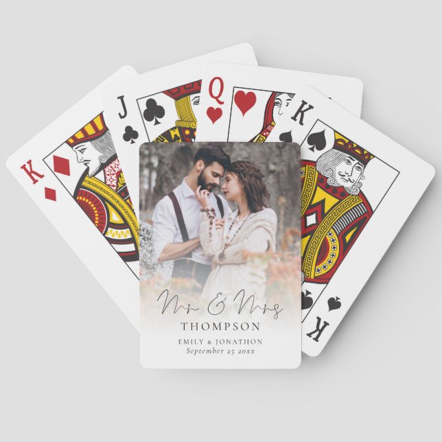 Mr and Mrs Script Photo Overlay Wedding Playing Ca Cards (Back)