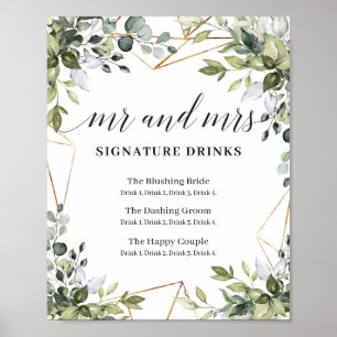 Mr and Mrs signature drinks boho greenery sign
