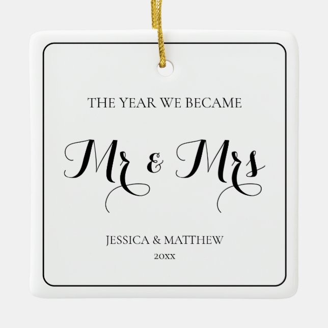 Mr and Mrs Simple Minimalist Black Newlywed Couple Ceramic Ornament (Front)