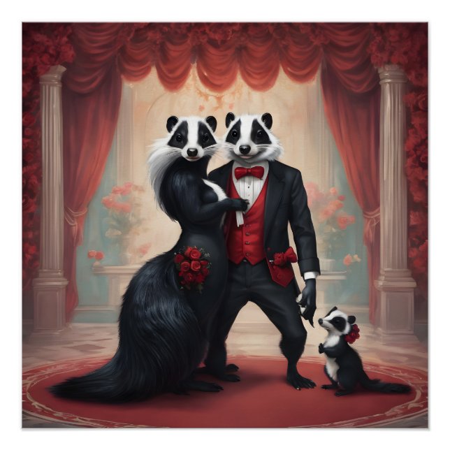 Mr and Mrs Skunk family pose Poster (Front)