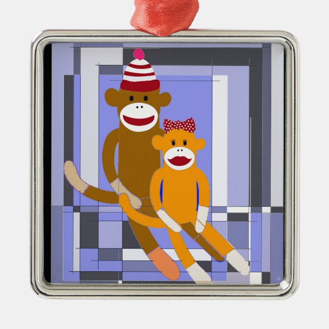 Mr. and Mrs. Sock Monkey. Metal Ornament (Front)